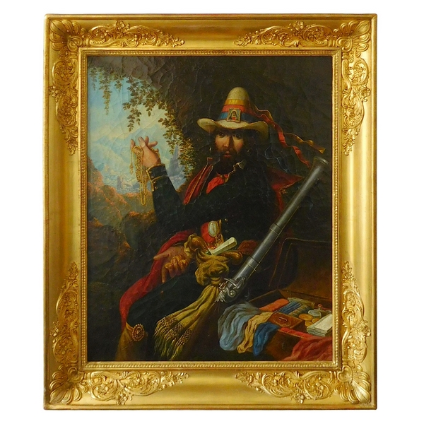 Portrait de bandit Corse, huile sur toile d'époque Restauration 76,5cm x 90cm