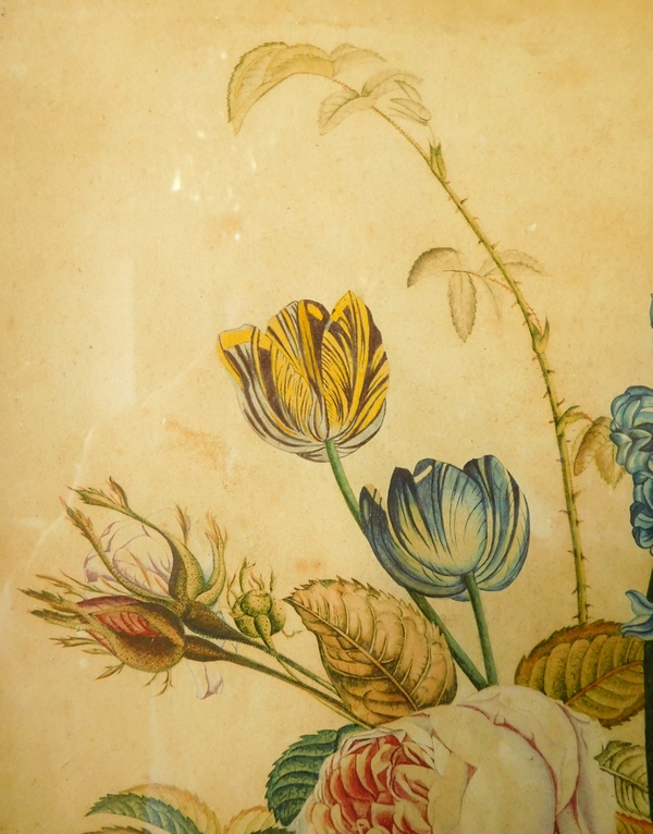 Pierre Joseph Redouté school, flowers bouquet watercolor, Empire painting, early 19th century