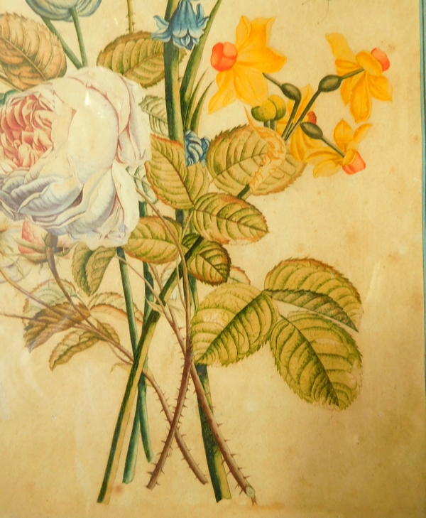 Ecole de Pierre-Joseph Redouté, bouquet de fleurs, aquarelle et gouache, époque Empire