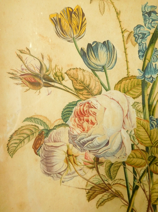 Pierre Joseph Redouté school, flowers bouquet watercolor, Empire painting, early 19th century