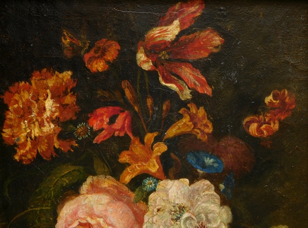 Ecole hollandaise du XVIIIe siècle : bouquet de fleurs, huile sur toile, cadre en bois doré