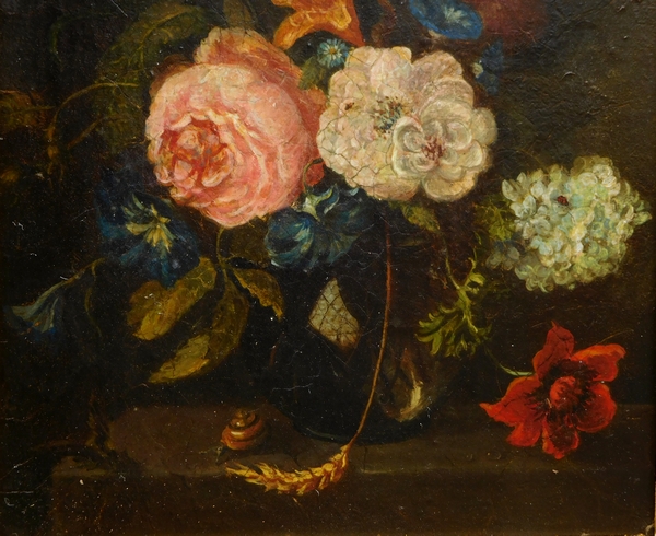 Ecole hollandaise du XVIIIe siècle : bouquet de fleurs, huile sur toile, cadre en bois doré