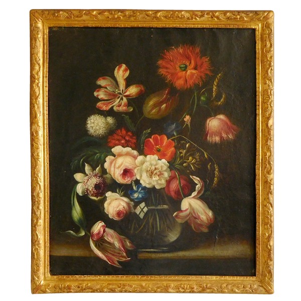 Ecole Hollandaise du XVIIIe siècle : bouquet de fleurs, huile sur toile, cadre en bois doré à la feuille d'or