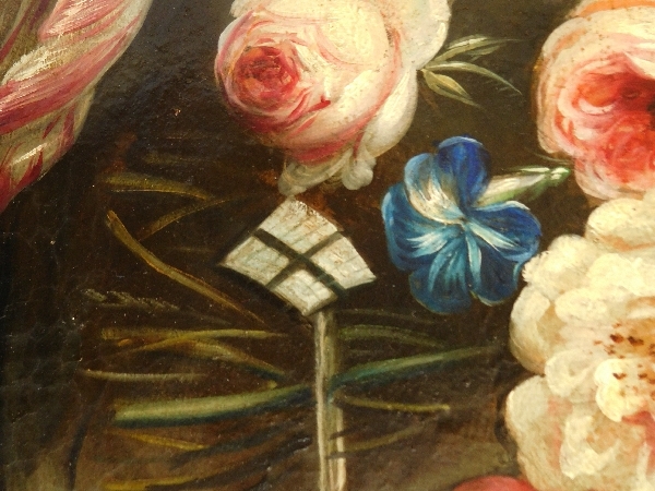 Ecole Hollandaise du XVIIIe siècle : bouquet de fleurs, huile sur toile, cadre en bois doré à la feuille d'or
