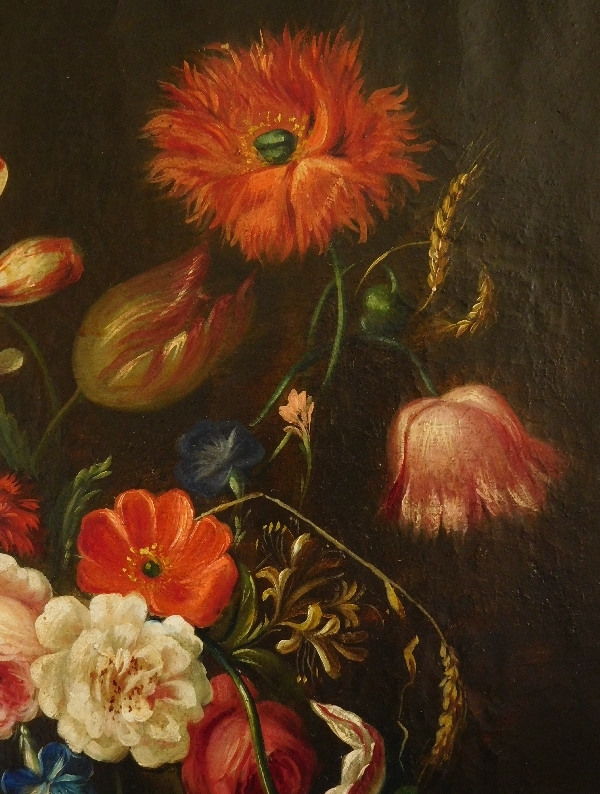 Ecole Hollandaise du XVIIIe siècle : bouquet de fleurs, huile sur toile, cadre en bois doré à la feuille d'or