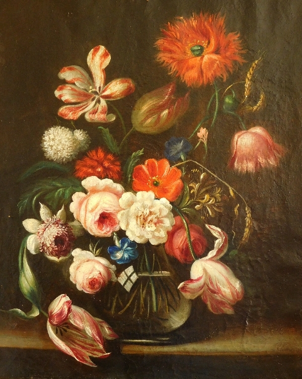 Ecole Hollandaise du XVIIIe siècle : bouquet de fleurs, huile sur toile, cadre en bois doré à la feuille d'or