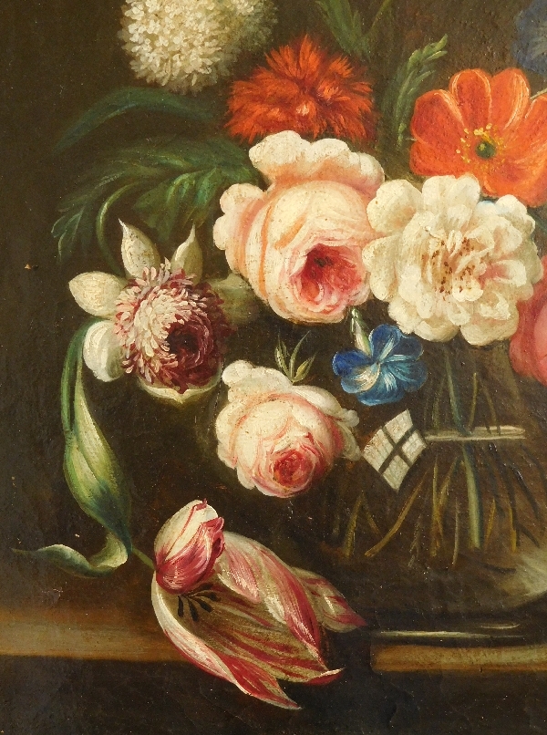 Ecole Hollandaise du XVIIIe siècle : bouquet de fleurs, huile sur toile, cadre en bois doré à la feuille d'or