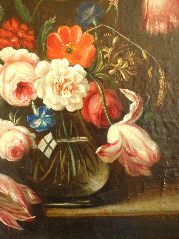 Ecole Hollandaise du XVIIIe siècle : bouquet de fleurs, huile sur toile, cadre en bois doré à la feuille d'or