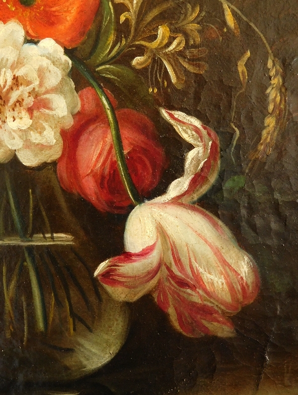 Ecole Hollandaise du XVIIIe siècle : bouquet de fleurs, huile sur toile, cadre en bois doré à la feuille d'or