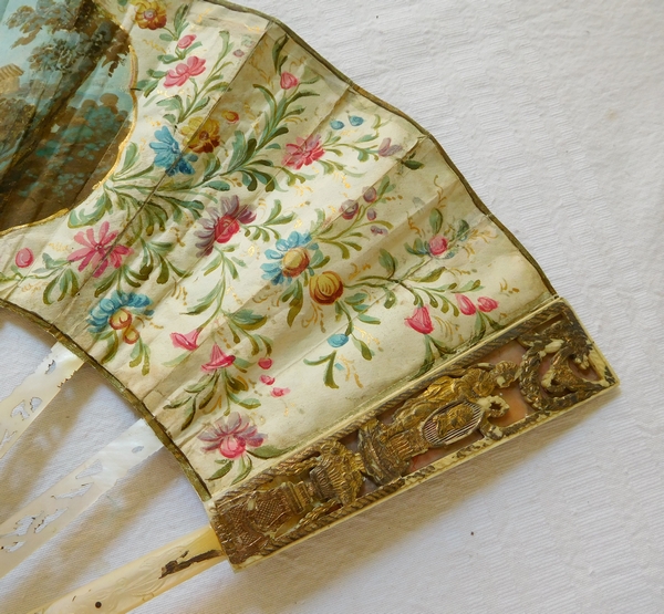 Louis XVI mother of pearl and gouache fan set into its gilt wood frame box