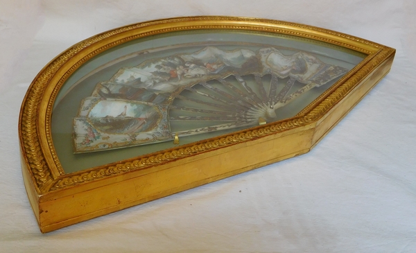 Louis XVI mother of pearl and gouache fan set into its gilt wood frame box