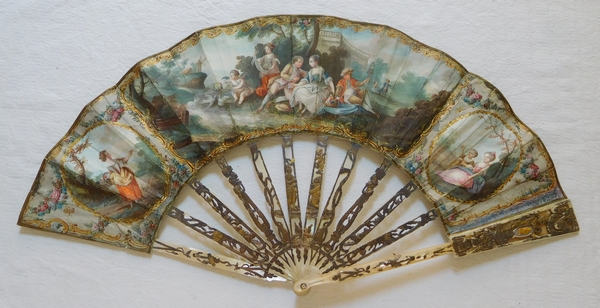 Louis XVI mother of pearl and gouache fan set into its gilt wood frame box