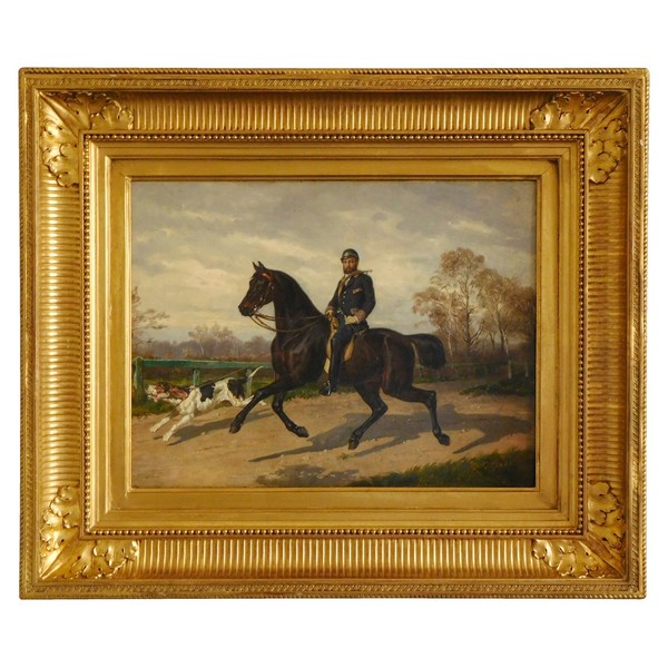 Aristocrat stag-hunter and his dog, oil on canvas - 19th century 1879