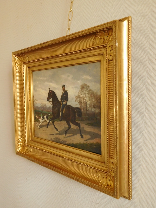 Aristocrate chasseur à courre et son chien, huile sur toile par Louis Guy - 1879