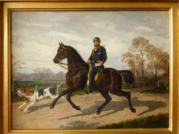 Aristocrate chasseur à courre et son chien, huile sur toile par Louis Guy - 1879