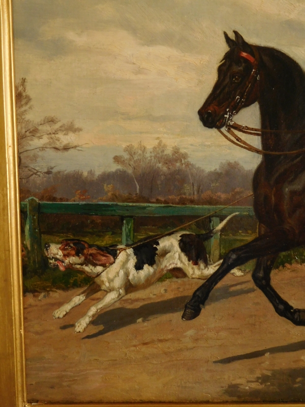 Aristocrate chasseur à courre et son chien, huile sur toile par Louis Guy - 1879