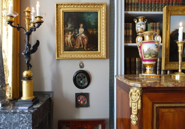 Etched semi precious stones collection on a porphyry background, 19th century