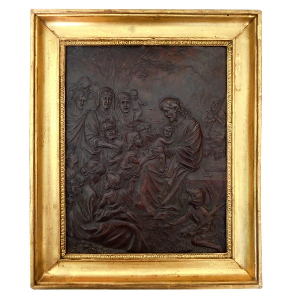 Tableau cuivre repoussé d'époque Restauration, Le Christ ''Laissez venir à moi les petits enfants''