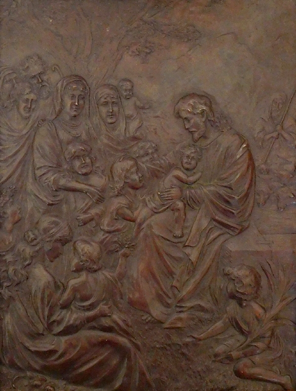Christ & children, repoussé copper artwork : ''Let the children come to me''