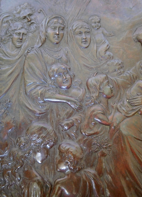 Tableau cuivre repoussé d'époque Restauration, Le Christ ''Laissez venir à moi les petits enfants''