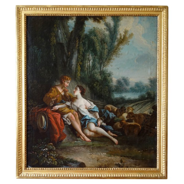 Ecole Française du XVIIIe siècle, scène mythologique d'après Boucher : Daphnis et Chloé - 73cm x 84cm