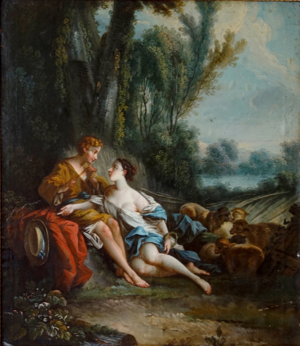 Ecole Française du XVIIIe siècle, scène mythologique d'après Boucher : Daphnis et Chloé - 73cm x 84cm