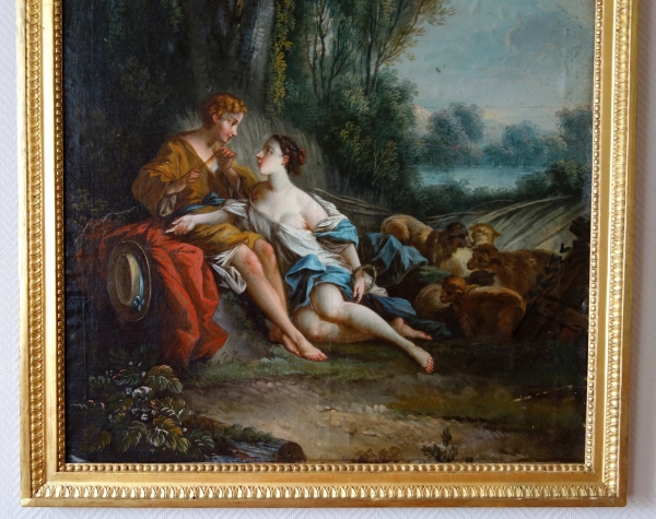 Ecole Française du XVIIIe siècle, scène mythologique d'après Boucher : Daphnis et Chloé - 73cm x 84cm