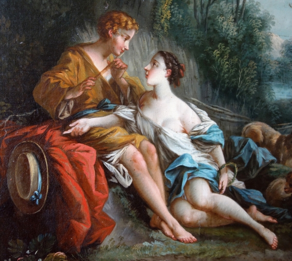 Ecole Française du XVIIIe siècle, scène mythologique d'après Boucher : Daphnis et Chloé - 73cm x 84cm