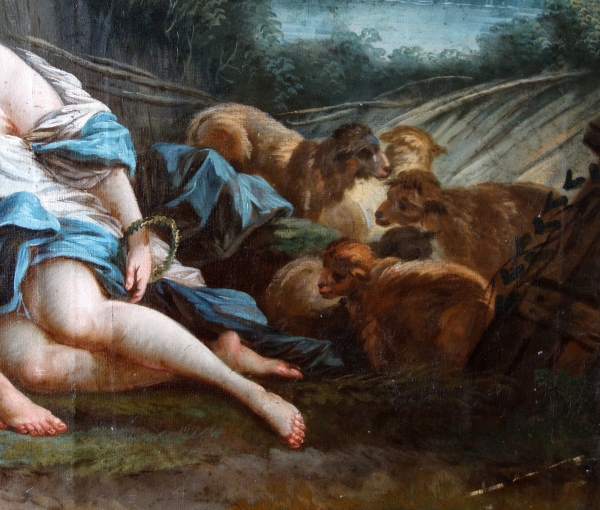 Ecole Française du XVIIIe siècle, scène mythologique d'après Boucher : Daphnis et Chloé - 73cm x 84cm