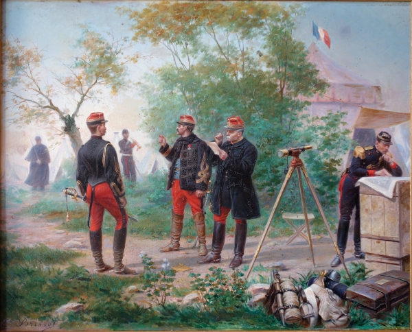 Emile Brisset : French general staff officers campaigning - late 19th century oil on canvas