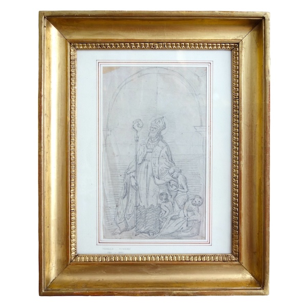 Saint Nicolas, dessin au crayon sur papier attribué à Tommaso Minardi - beau cadre en bois doré
