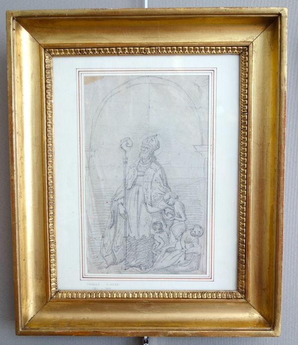 Saint Nicolas, dessin au crayon sur papier attribué à Tommaso Minardi - beau cadre en bois doré