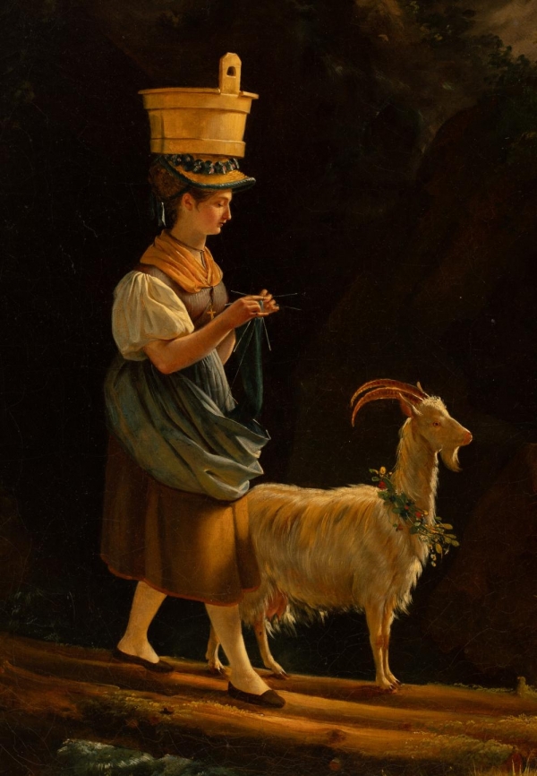 Empire drawing attributed to Edouard Pingret : young woman and goat - early 19th century