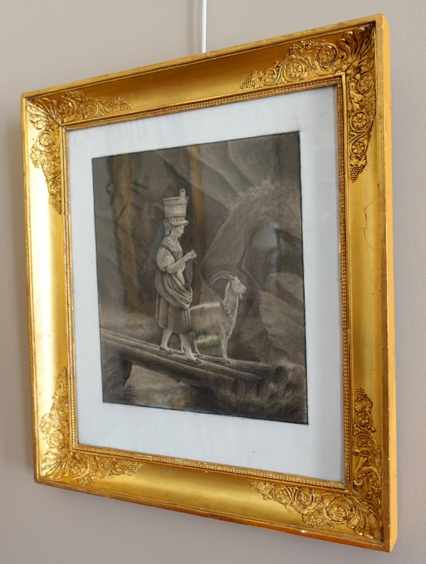 Empire drawing attributed to Edouard Pingret : young woman and goat - early 19th century