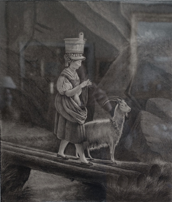 Empire drawing attributed to Edouard Pingret : young woman and goat - early 19th century