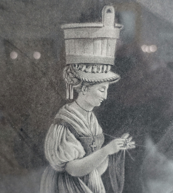 Empire drawing attributed to Edouard Pingret : young woman and goat - early 19th century