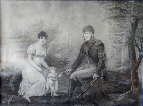 Fleury Richard : a Hussard and family, Empire drawing dated 1807