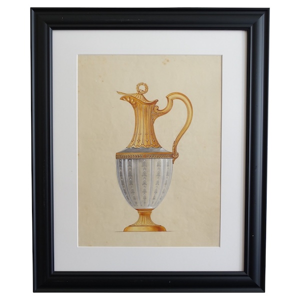 Gouache - silverware drawing : Empire style crystal and vermeil ewer framed - 47.5cm x 58cm