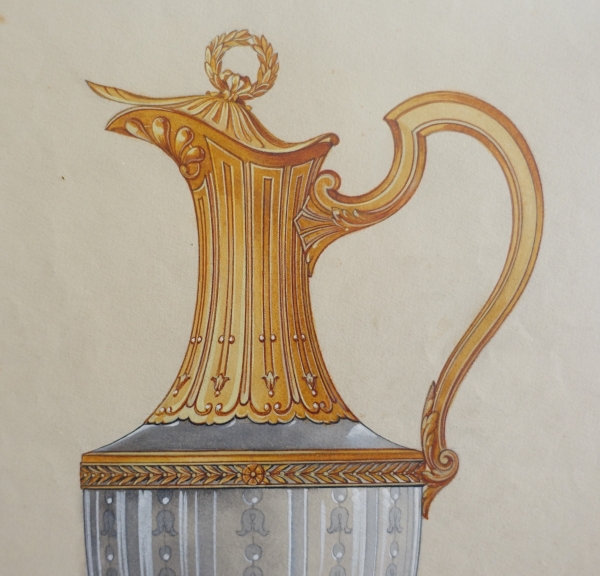 Gouache - silverware drawing : Empire style crystal and vermeil ewer framed - 47.5cm x 58cm