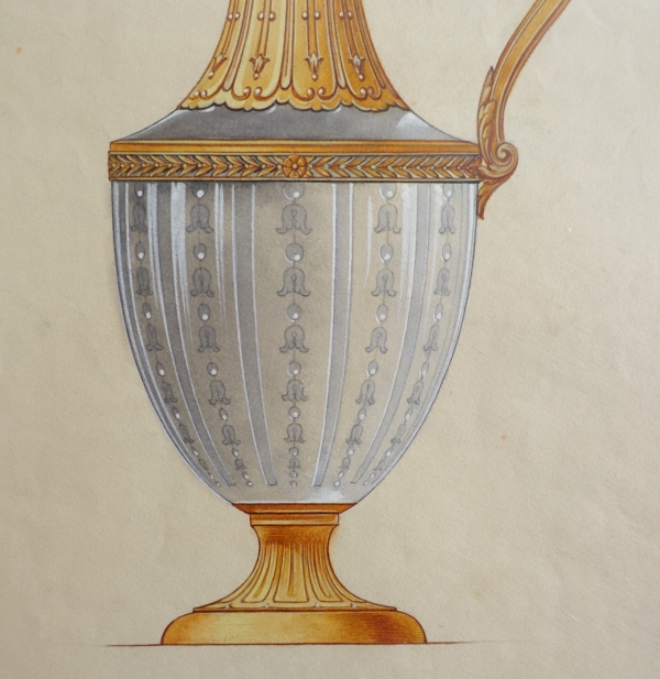 Gouache - silverware drawing : Empire style crystal and vermeil ewer framed - 47.5cm x 58cm