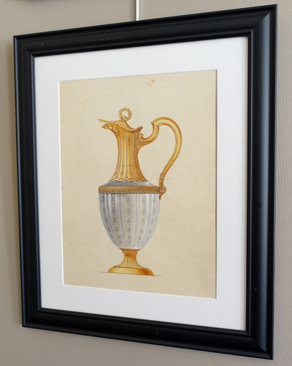 Gouache - silverware drawing : Empire style crystal and vermeil ewer framed - 47.5cm x 58cm