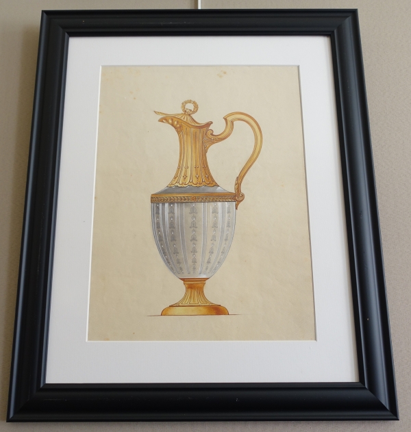 Gouache - silverware drawing : Empire style crystal and vermeil ewer framed - 47.5cm x 58cm