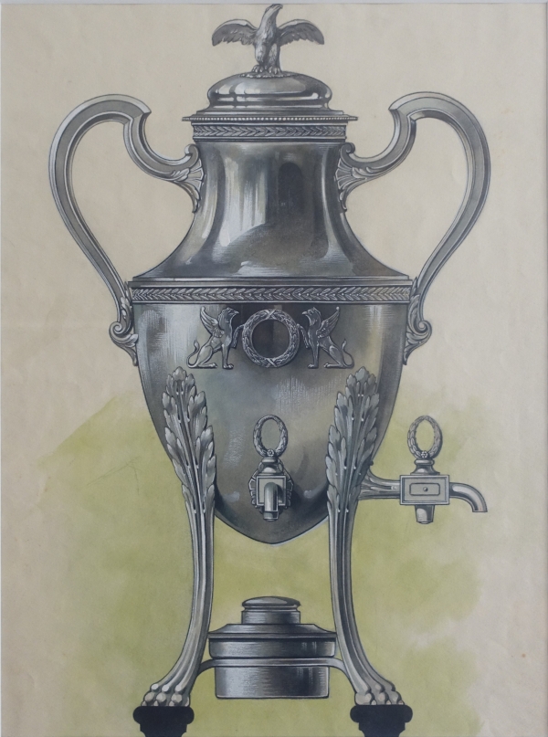 Gouache - silverware drawing : Empire style silver samovar framed - 47.5cm x 58cm