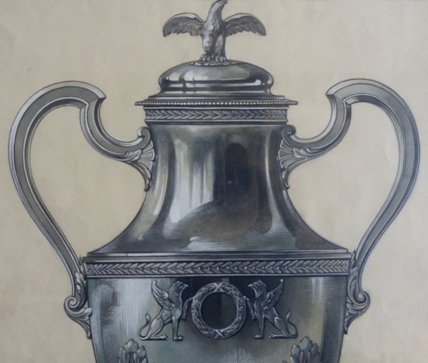 Gouache - silverware drawing : Empire style silver samovar framed - 47.5cm x 58cm