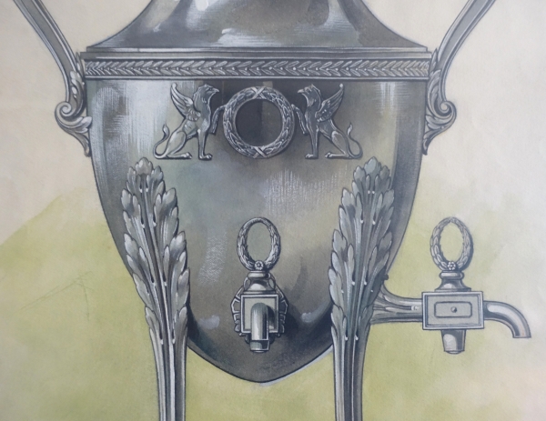 Gouache - silverware drawing : Empire style silver samovar framed - 47.5cm x 58cm