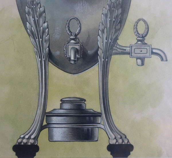Gouache - silverware drawing : Empire style silver samovar framed - 47.5cm x 58cm