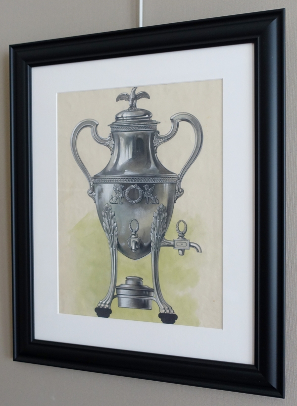 Gouache - silverware drawing : Empire style silver samovar framed - 47.5cm x 58cm