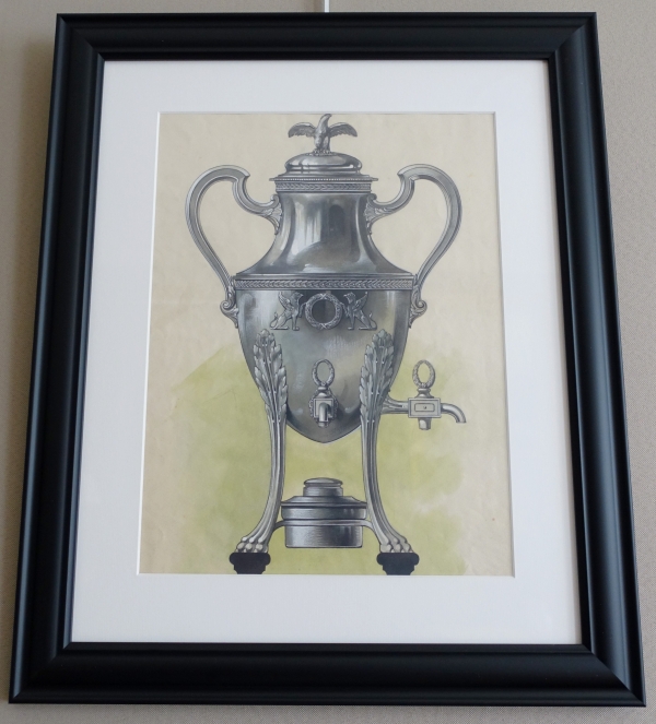 Gouache - silverware drawing : Empire style silver samovar framed - 47.5cm x 58cm