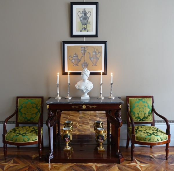Gouache - silverware drawing : Empire style silver samovar framed - 47.5cm x 58cm
