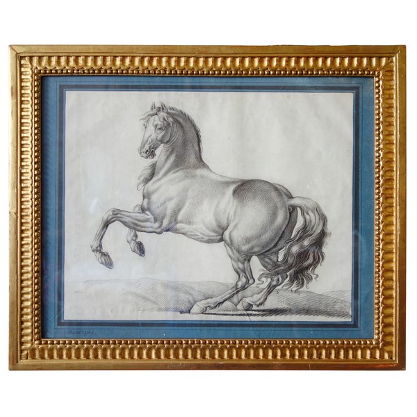 Ecole française du XVIIIe siècle, portrait dessin de cheval cabré d'après Van Der Meulen